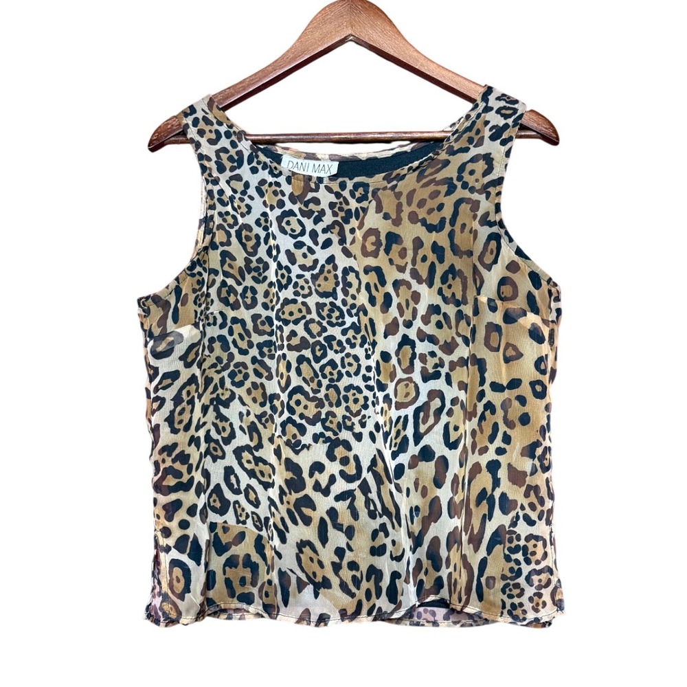 Dani Max Sleeveless Tank Top Women XL Brown Leopard Print Excellent Sheer Lined